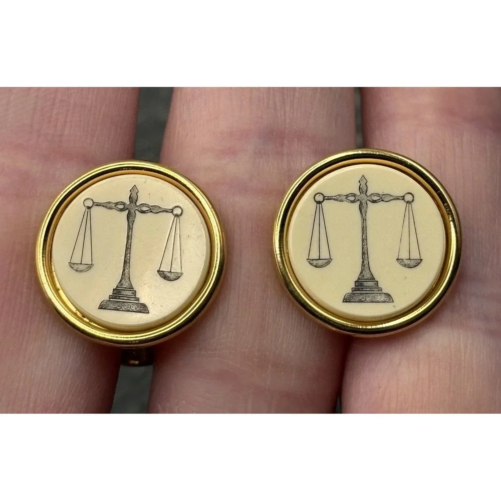 Vintage Barlow Scales of Justice Lawyer Judge Law Enamel Cufflinks Gold Tone